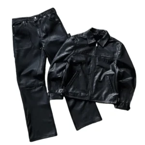 Zip up Leather Jacket and Pu Stacked Flare Pants