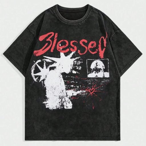 Camiseta lavada de hombre con estampado de retrato borroso, estilo vintage de alta calle, escuela